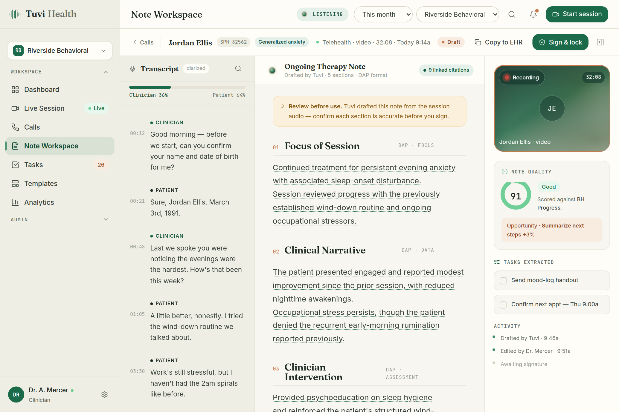 The ScribeCo note workspace — transcript, AI-drafted note, and quality score